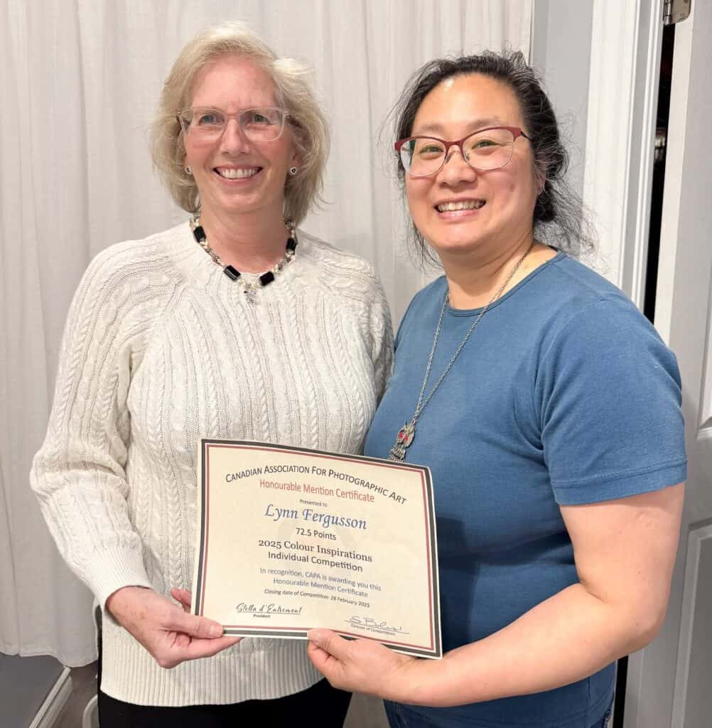 Left to Right: Lynn Fergusson received the 2025 Colour Individual Honourable Mention Award from Joyce Chew (CAPA District Rep)